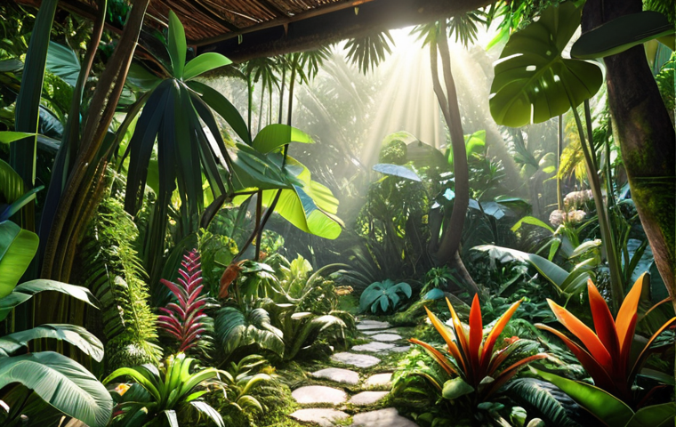 **
"A lush, vibrant tropical garden representing the gut microbiome, teeming with diverse flora and fauna symbolizing different bacteria strains. Focus on the interconnectedness and balance within this ecosystem. Sunlight filters through the canopy. Intricate details, high resolution."
**