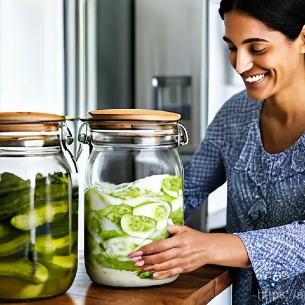 마이크로바이옴 건강을 위한 DIY 발효식품 만들기 - **Prompt:** A serene and inviting scene in a clean, brightly lit modern kitchen with touches of trad...
