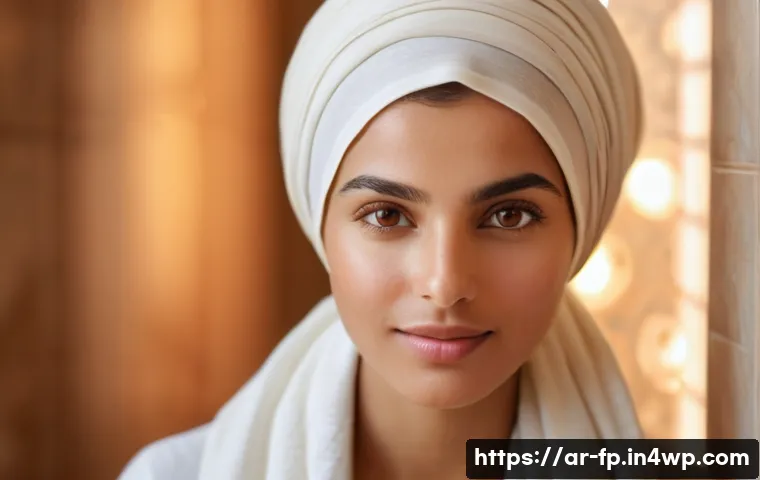 마이크로바이옴의 변화가 피부 건강에 미치는 영향 - A detailed, close-up portrait of a Middle Eastern woman with flawless, glowing skin, gently touching...