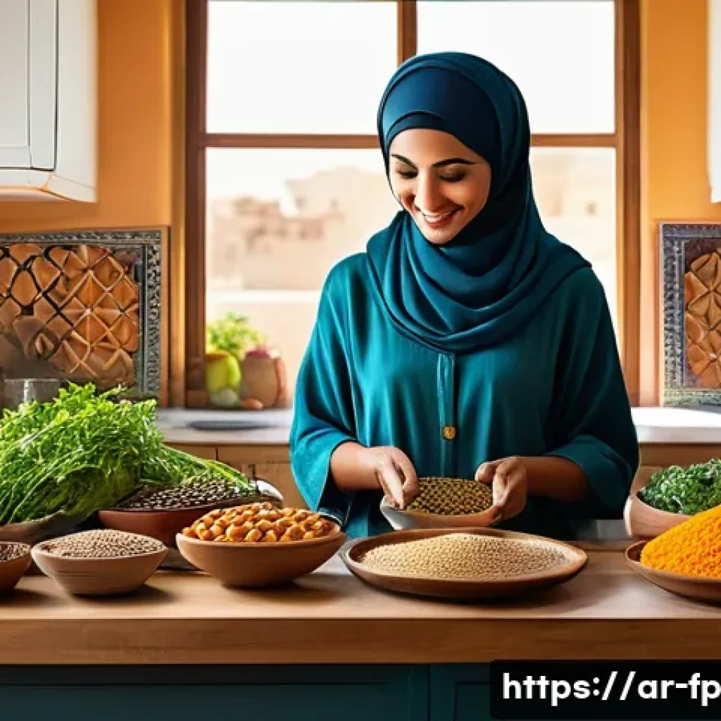 마이크로바이옴 건강을 위한 생리학적 팁 - A vibrant and detailed kitchen scene showing a Middle Eastern woman preparing a traditional high-fib...