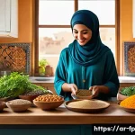 Home 17 마이크로바이옴 건강을 위한 생리학적 팁 - A vibrant and detailed kitchen scene showing a Middle Eastern woman preparing a traditional high-fib...