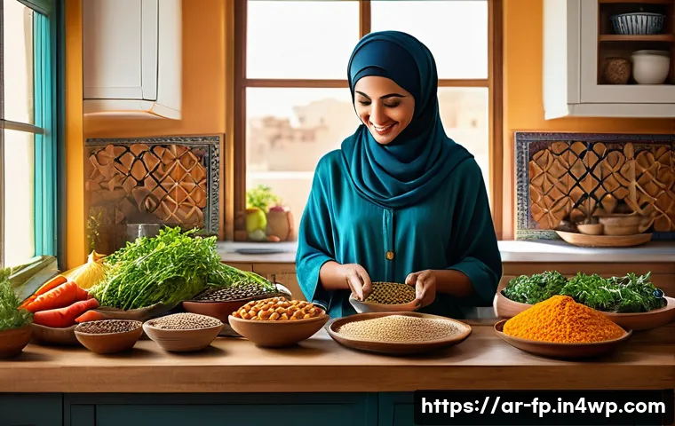 마이크로바이옴 건강을 위한 생리학적 팁 - A vibrant and detailed kitchen scene showing a Middle Eastern woman preparing a traditional high-fib...