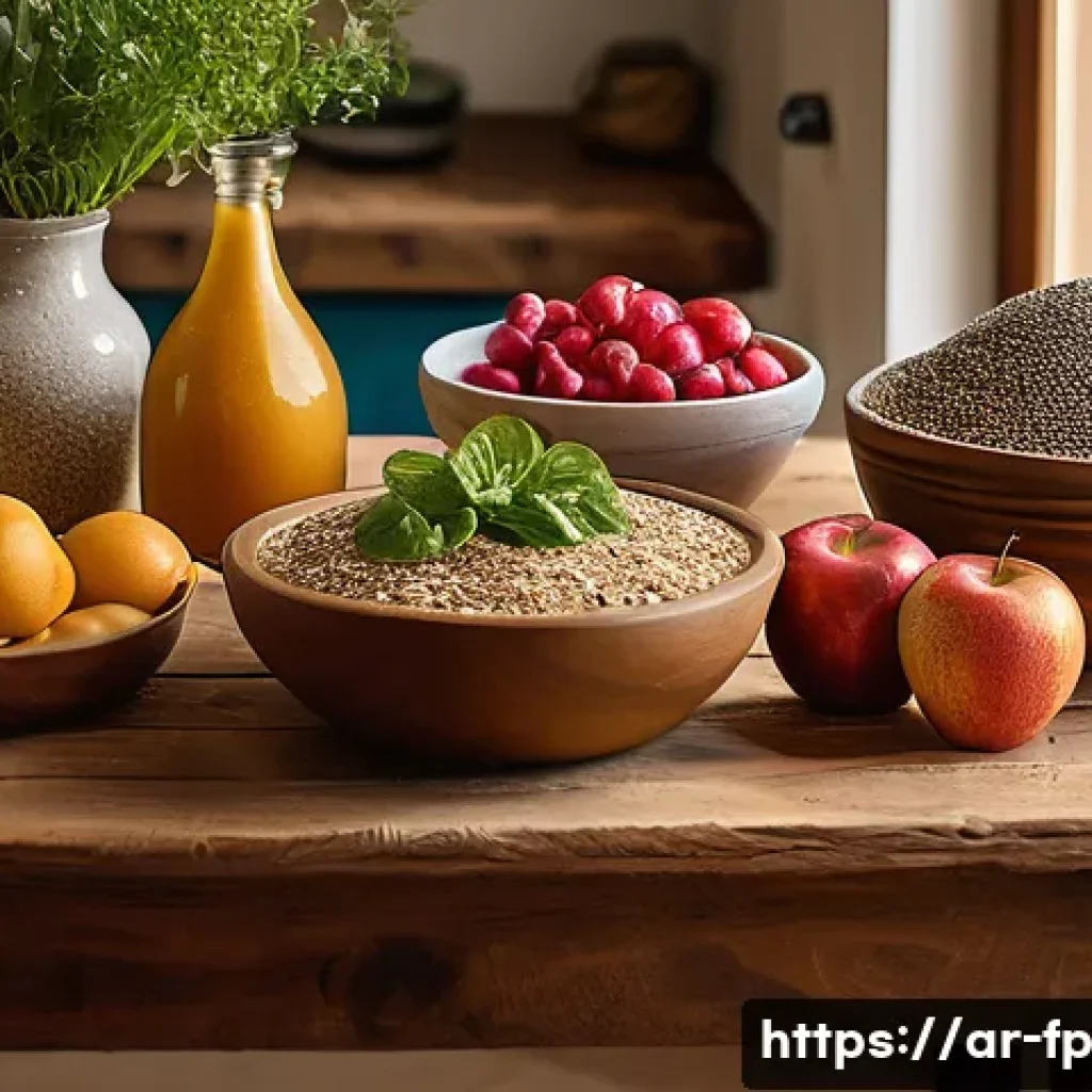 마이크로바이옴을 위한 스낵 아이디어 - A vibrant Middle Eastern kitchen scene featuring a wooden table with an assortment of fresh organic ...