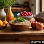 Home 16 마이크로바이옴을 위한 스낵 아이디어 - A vibrant Middle Eastern kitchen scene featuring a wooden table with an assortment of fresh organic ...