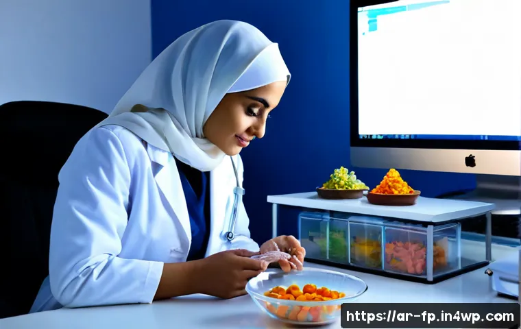 마이크로바이옴과 자가면역 질환 - Photorealistic Arab female doctor in a modest white medical coat and hijab, seated at a clean clinic...